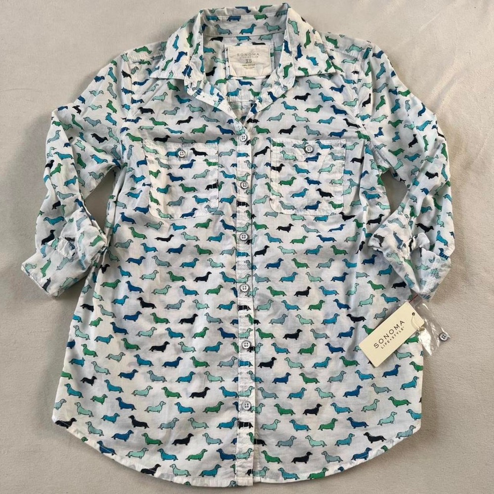 Sonoma NWT Dachschund button down shirt office school teacher cotton cute